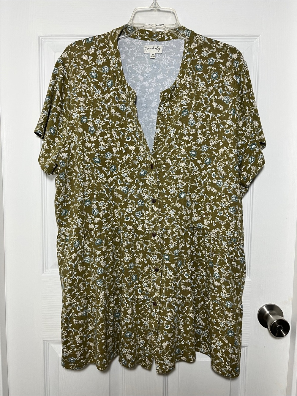 Wonderly Olive Green Floral Tiered Button Front V-Neck Blouse
